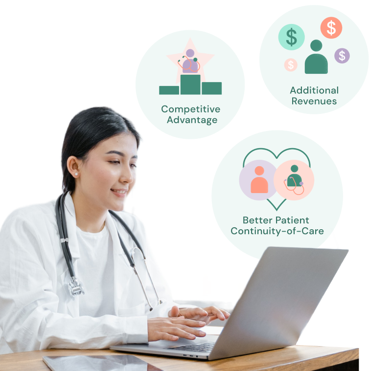 Woman on laptop with text bubbles above laptop namely competitive advantage, additional revenues and better patient continuity-of-care